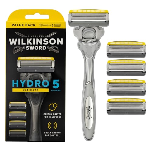 🔥 SELTEN SO GÜNSTIG (-47%) Wilkinson Sword - Hydro 5 Ultimate Rasierer für Männer, Rasiergriff + 5 Rasierklingen, Feuchtigkeitsspendende Gel-Pools und Schockabsorptions-Technologie