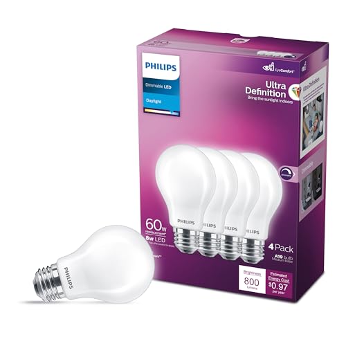 PHILIPS LED 60W A19 4-Pack Ultra Definition Daylight 5000K 800 Lumen Dimmable