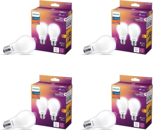 PHILIPS LED 40W A19 8-Pack Ultra Definition Soft White (2200K) 450 Lumen (5W = 40W) Dimmable Frosted Flicker-Free Light Bulbs
