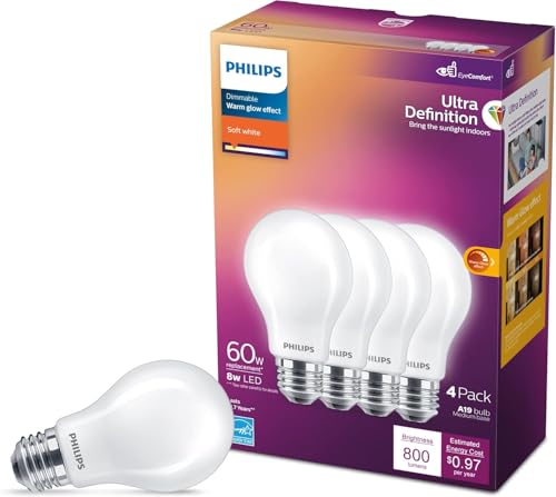 PHILIPS LED 60W A19 4-Pack Ultra Definition Soft White 2700K 800 Lumen Dimmable