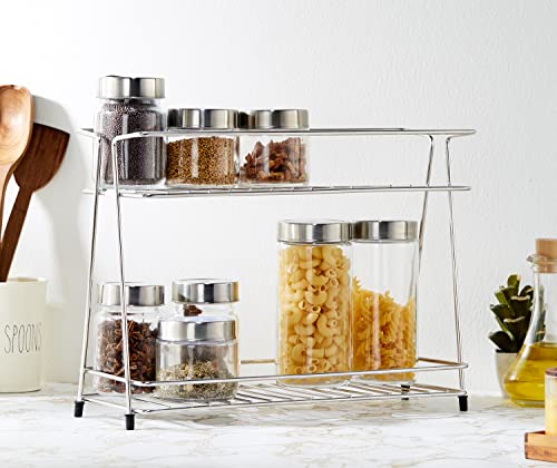 Amazon Brand - Solimo Two-Tier Countertop Kitchen Rack, Stainless Steel (36 Cm X 29 Cm X 16 Cm), Tiered Shelf