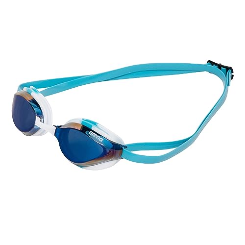 ARENA Unisex Python Racing Swim Goggles for Men and Women Anti-Fog Mirror Lens Max Comfort Dual Strap, Blue Mirror/White Sky