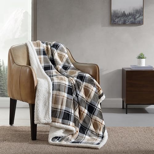Eddie Bauer - Blanket, Super Soft Reversible Sherpa & Brushed Fleece Bedding, Throw Blankets for Couch, Ideal for Lounging (Rugged Plaid Beige)
