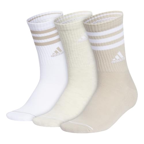 adidas Women's Crew Socks with Arch Compression 3-Pack, Comfortable, Sweat-Wicking, Stylish 3-Stripe, Wonder Beige/White/Alumina Heather, Medium
