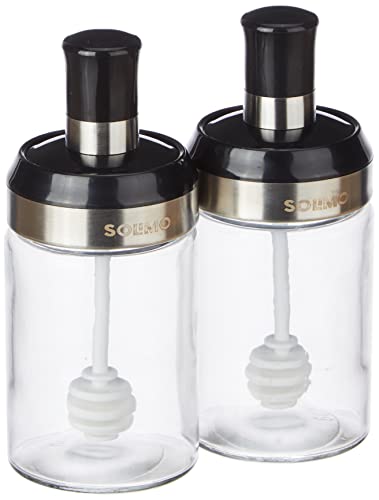 Amazon Brand - Solimo Borosilicate Glass Sauce Jar with Dipper, Set of 2 (250 ml Each) | Black