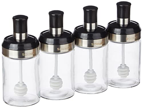 Amazon Brand - Solimo Borosilicate Glass Sauce Jar with Dipper, Set of 4 (250 Ml Each),Black