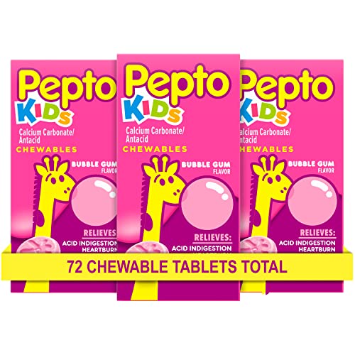 Pepto Kid's Chewable Tablets for Heartburn, Acid Indigestion, Sour Stomach, and Upset Stomach, Bubblegum Flavor, 72 Total (3 Packs of 24)