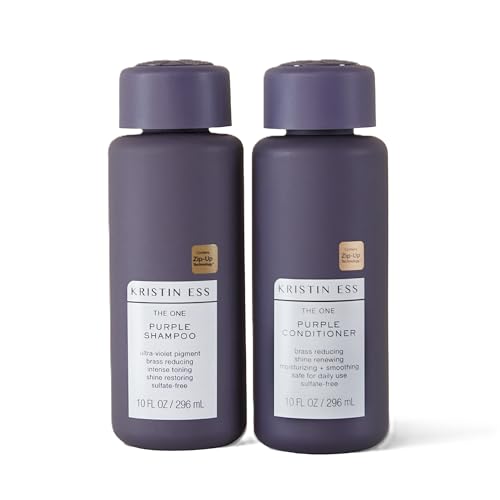 Kristin Ess Hair Purple Shampoo and Conditioner Set for Blonde, Brunette, Silver + Gray Hair, Anti Brass + Yellow Tones, Safe for Color Treated Hair, Sulfate Free Toning Shampoo Conditioner