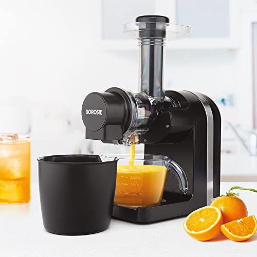 Borosil Nutririch 200W Cold Press Slow Juicer | 800ml Pulp Collector with 400ml Juice Container | Portable Juicer for Maximum Juice Extraction | Low N