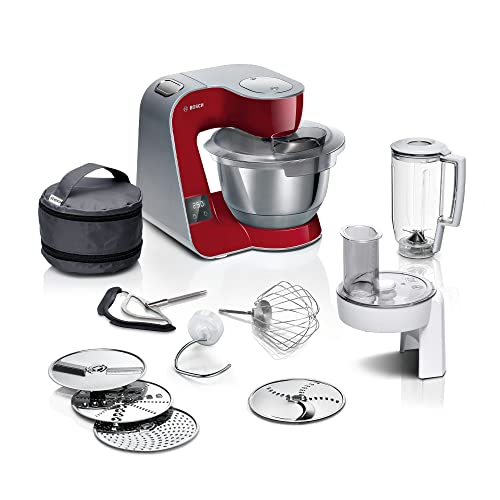 ⚡ BLITZDEAL (-56%) Bosch Küchenmaschine MUM5 MUM5X720, integrierte Waage,Edelstahl-Schüssel 3,9L, Mixer 1,25L, Profi-Knethaken, Planetarisches Rührgetriebe, Rührbesen, Durchlaufschnitzler, 1000 W, Silber/Dunkelrot