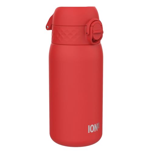 ion8 Botella Agua Inox Ligero para Niños, 400ml, Sin Aislamiento, a Prueba de Fugas, Fácil de Abrir, Cerradura Segura, Aptas para Lavavajillas, Fácil de Limpiar, Resistente a Rayones, Rojo