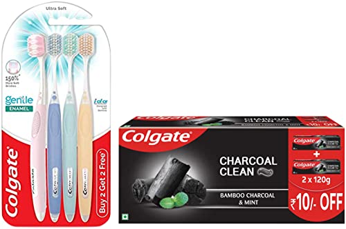 Adult Gentle Enamel Ultra Soft Bristles Manual Toothbrush 4 Pcs (Buy2 Get 2) & Colgate Charcoal Clean Black Gel Toothpaste, Pack Of 240G (120G X 2)