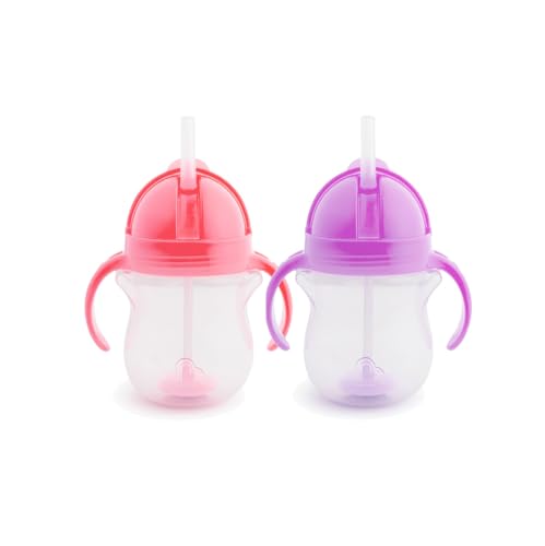 Munchkin Click Lock Tip & Sip Straw Cup Set 2 Pack| Baby & Toddler Sippy Cups with Straw| BPA Free Non Spill Cup| Dishwasher Safe Baby Straw Cup| Weighted Straw Childrens Cups| 7oz/207ml| Pink/Purple