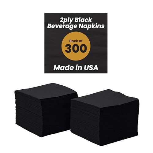 Perfectware 2-Ply Black Beverage Napkins - 300 Count Cocktail Napkins, 10 x 10 Inches