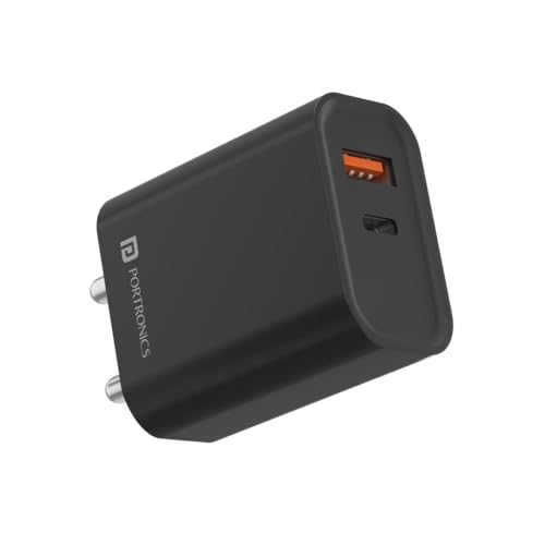 Portronics Adapto 45 22.5 W Mobile Charger Adapter with Dual Port (USB A + PD Type C), Fast Charging, Short Circuit Protection, Wide Compatibility (