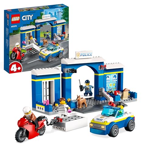 LEGO 60370 City La Course-Poursuite Au Poste De Police, Voiture Jouet Et Moto, 4 Minifigurines Et Figurine De Chien, Ã‰vasion Prison, Enfants, Filles Et Garçons 4 Ans