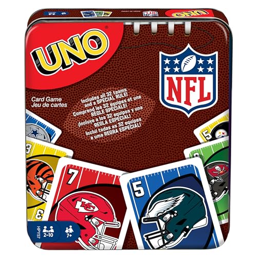 Mattel Games UNO NFL Card Game in Storage Tin Box for Kids, Adults, Parties & Travel with NFL Team Logos & Special Rule (Amazon Exclusive)