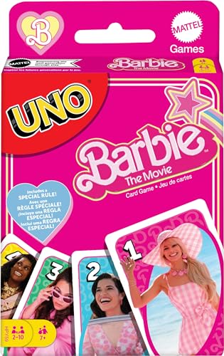 (-46%) Barbie THE Movie - UNO Kartenspiel für Filme Fans mit Lieblingscharakteren und unvergesslichen Szenen, Sonderregel Zu viel gespielt, für 2-10 Spieler ab 7 Jahren, HPY59