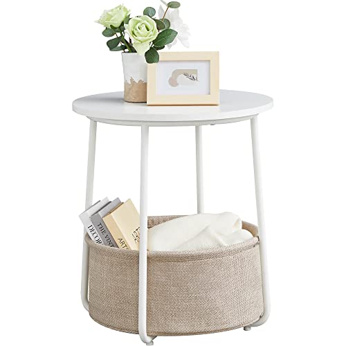 VASAGLE Small Round Side End Table, Modern Nightstand with Fabric Basket, Matte White and Camel Brown ULET223W10