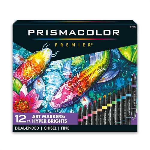 Prismacolor Premier Dual-Ended Art Markers Chisel Tip and Fine Tip Hyper Bright Colors Adult Coloring 12 Count
