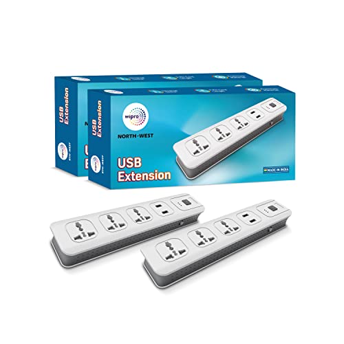 wipro USB extension cord with 2 mtr cord length | 3 Universal socket and 2 USB port spike guard | Child safety | Auto cutoff | Fire resistant, Pack of
