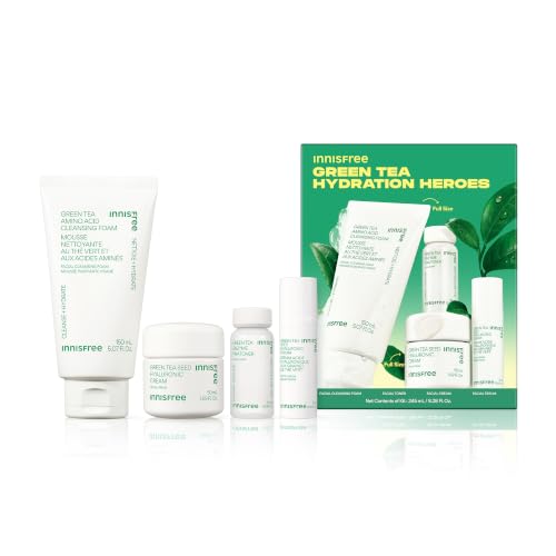 innisfree Hydration Heroes Set with Green Tea, Korean Skincare Kit Featuring Moisturizing Serum, Toner, Cleanser & Cream