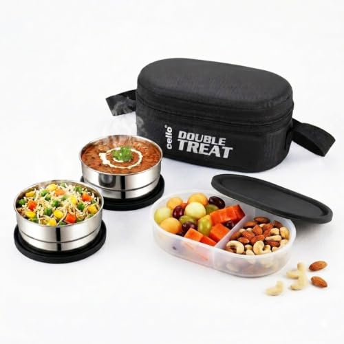 CELLO Double Treat Set of 3 Pcs Lunch Box for Office Use with Jacket Black | 2 x300ml Stainless Steel Containers, 1 x Oval Container| Lightweight Leak