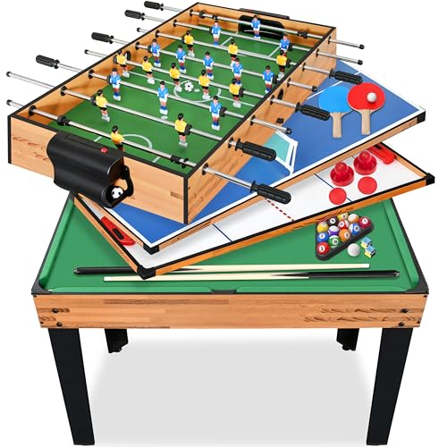 SereneLife 4in1 Multi Game Table, 48” Sports Arcade with Accessories, Ping Pong, Air Hockey, Pool Billiards, Soccer Fo