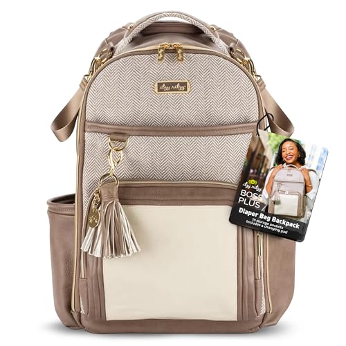 Itzy Ritzy Diaper Bag Backpack – Large Capacity Boss Plus Baby Backpack Diaper Bag Featuring 19 Pockets, Changing Pad, Stroller Clips, and Comfortable Straps (Vanilla Latte)