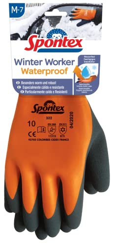 🔥 STARKER PREIS (-30%) Spontex Winter Worker Waterproof Handschuhe, Wasserfeste Arbeitshandschuhe mit zweilagigem Innenfutter, hoher Kälteschutz, Latexbeschichtung, Größe M, 1 Paar, 12322087, Orange/Schwarz, M (1 Paar)