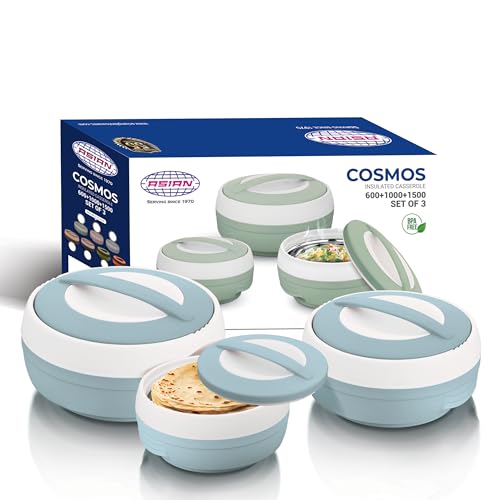ASIAN Plastic Casserole Inner Stainless Steel Casserole Gift Set of 3 (600 ml, 1000 ml, 1500 ml), (Pestal Blue) | PU Insulated | BPA Free | Food Grade