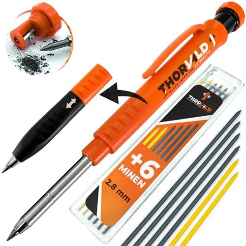 (-26%) THORVALD Robuster Zimmermannsbleistift mit 7 Minen, Spitzer & Schreibaufsatz – Tieflochmarker Druckbleistift für Handwerker – Perfekt für Baustelle, Holz, Metall & Beton