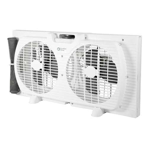 Comfort Zone Window Fan for Bedroom, 9 inch 3 Speed Dual Fans with Auto-Locking Expanders, Window Exhaust Fan, Removeable Bug Screen, White