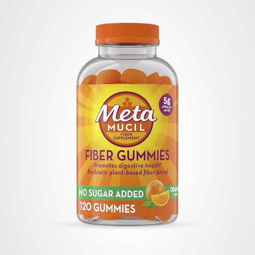 Metamucil Fiber Gummies for Adults, No Sugar Added Orange Flavor, 5g Prebiotic Plant Based Fiber Supplement Blend, 120 Count