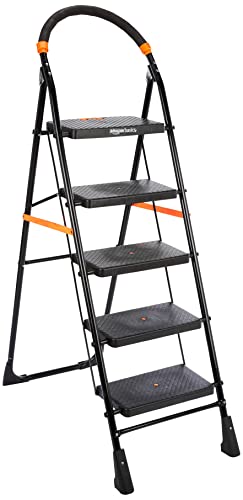 Amazon Basics Clamber - Foldable Step Ladder, Safety-Clutch Lock, Ribbed Steps, Knee Guard, Non-Marring PVC Shoes, 5 Steps (Steel, Black & Orange) Ama