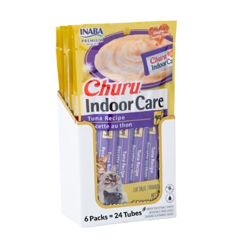 INABA Churu Hairball Control, Functional, Creamy Lickable Purée Cat Treat with Taurine & Vitamin E, 0.5 Ounces Each, 24 Tubes (4 per Pack), Tuna Recipe
