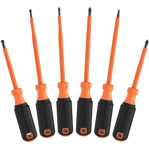 Klein Tools 85076INS Insulated Screwdriver Set, Made in USA, features 1000V Electricial Screwdrivers, (3) Phillips and (2) Slotted and Square Tips, 6-Piece