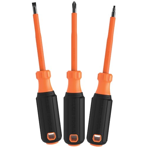 Klein Tools 85073INS Insulated Screwdriver Set, Made in USA, features 1000V Phillips, Slotted and Square Tips, Cushion Grip Handles, 3-Piece