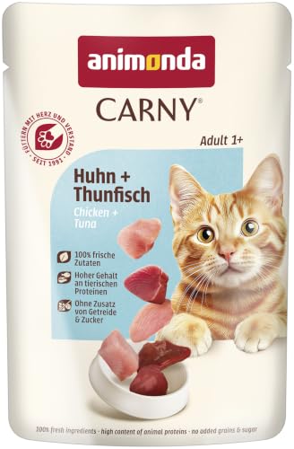 1,46€ Coupon! animonda Carny Katzenfutter nass Huhn + Thunfisch, 12 Portionsbeutel (12 x 85g), getreidefreies Katzen Nassfutter ohne Zucker, mit frischen fleischigen Zutaten
