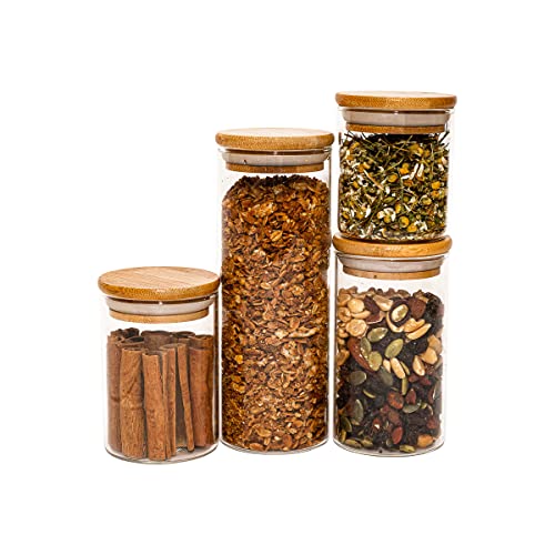 Oikos - Kit 4 Potes de Vidro com Tampa de Bambu Herméticos Redondos | Borossilicato, vedação em silicone, BPA Free, porta temperos, cozinha organizada, fácil limpeza, design natural