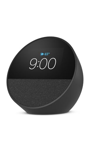 Amazon Echo Spot (modelo más reciente): ideal para mesitas de noche, oficinas y cocinas, incluye despertador inteligente con Alexa (negro)