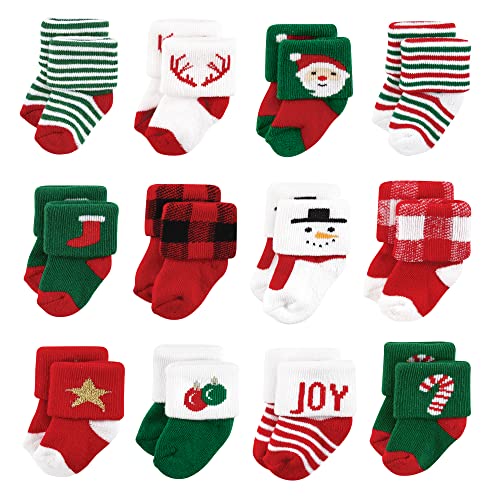 Hudson Baby Unisex Baby Cotton Rich Newborn and Terry Socks, 12 Days of Christmas Santa, 0-6 Months
