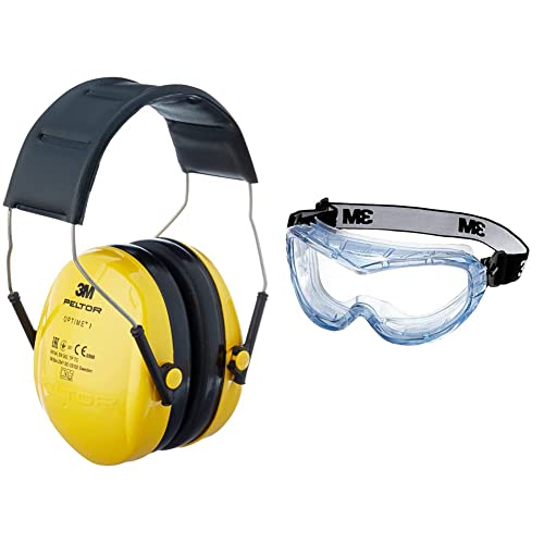 (-37%) 3M Peltor Optime I Ohrenschützer H510A, leichter Gehörschutz mit weichen Kissen, gelb, 1er Pack & 3M Vollsichtschutzbrille Fahrenheit FheitAF – Schutzbrille mit AS, AF & UV Beschichtung