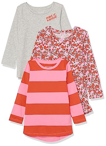 Amazon Essentials Girls' Long-Sleeve Tunic T-Shirts, Pack of 3, Floral/Light Grey Heather/Stripe, Large
