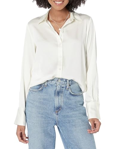 Amazon Essentials Women's Regular-Fit Satin Button Down Blouse (Available in Plus Size), Eggshell, Large