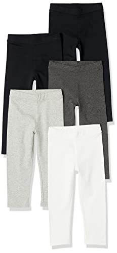 Amazon Essentials Toddler Girls' Leggings, Pack of 5, Black/Dark Grey/Light Grey/White, 4T