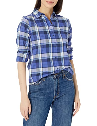 Amazon Essentials Women's Regular-Fit Long-Sleeve Lightweight Plaid Flannel Shirt, Blue Grey Navy Plaid, Large
