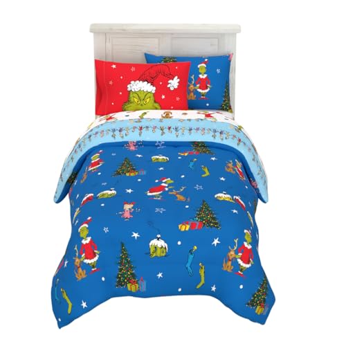 Franco Grinch by Dr. Seuss Holiday & Christmas Bedding Soft Comforter and Sheet Set with Sham, 5 Piece Twin Size, (Official Dr. Seuss Product)