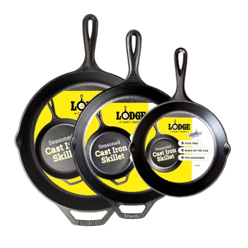 Lodge Pre-Seasoned Cast Iron Skillet Set - Set Includes 8 Inch Skillet, 10.25 Inch Skillet, and 12 inch Skillet - 3 Piece
