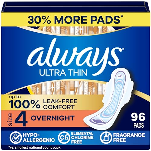 Always Ultra Thin Overnight Pads with Wings, Size 4, Overnight, 96 Count (3 Packs of 32)